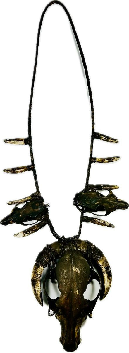 Ethnographic ceremonial necklace featuring a central wild dog skull, flanked by rodent skulls and pig teeth, strung on woven twine, used in shamanic or warrior rituals.