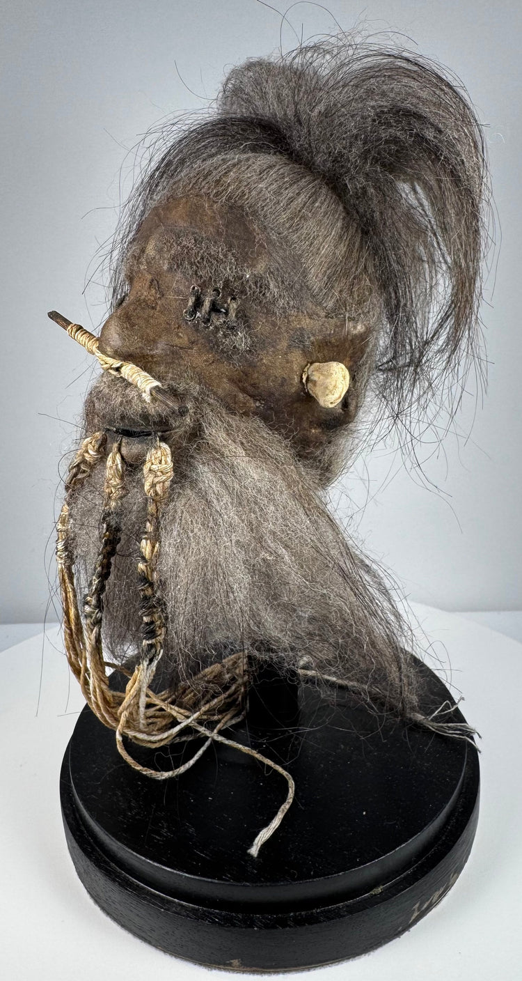 Amazonian shrunken head replica with stitched facial features, textured hide surface, and long horse hair, circa 1950s–1960s.