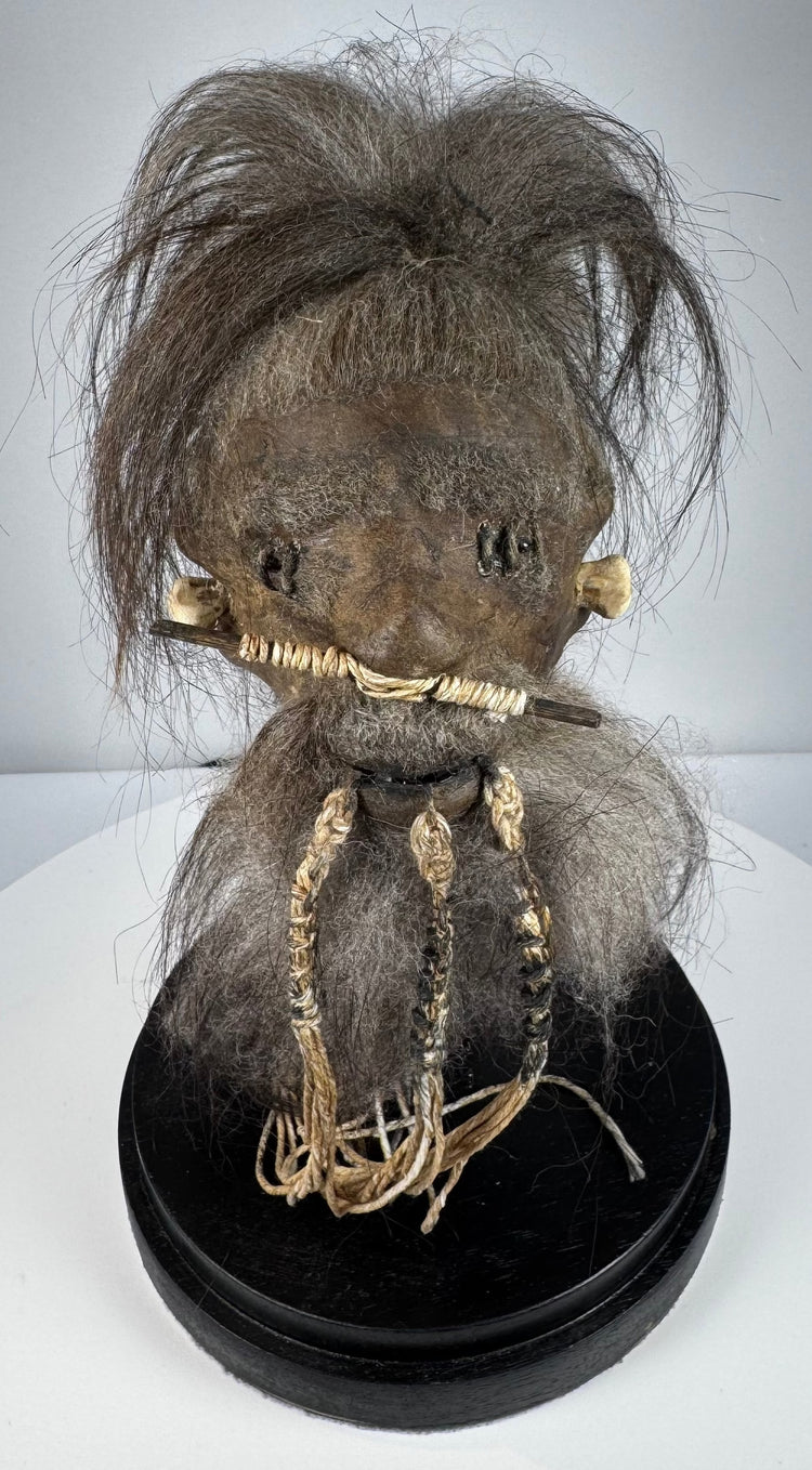 Vintage tsantsa-style anthropological curiosity made from animal hide and horse hair, inspired by Jivaroan ritual traditions.