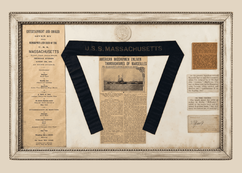 Framed USS Massachusetts hatband ribbon archive with naval ephemera from the 1910 Mediterranean training cruise