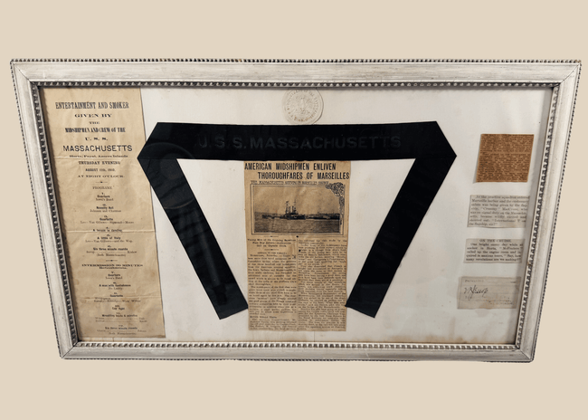 Framed USS Massachusetts hatband ribbon archive with naval ephemera from the 1910 Mediterranean training cruise