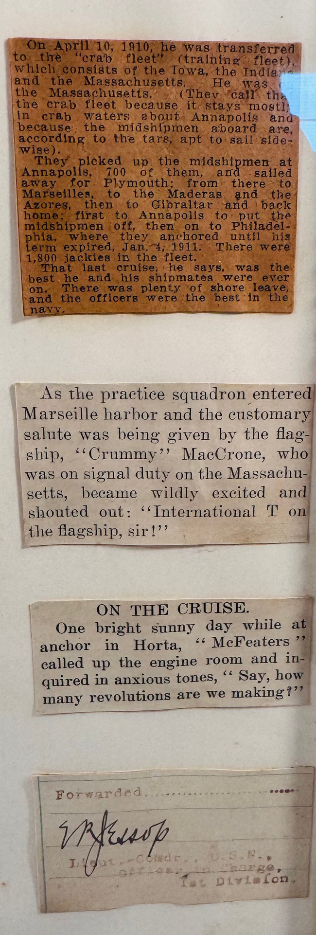 Early twentieth-century U.S. Navy shadow box featuring USS Massachusetts cruise-related ephemera