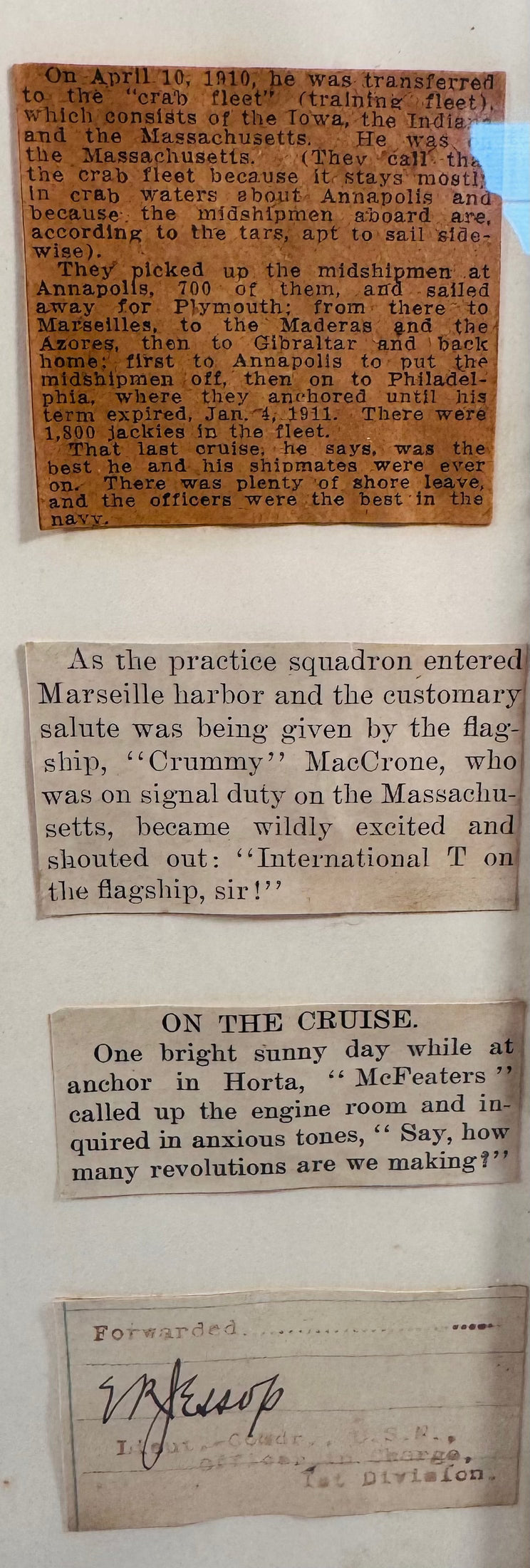 Early twentieth-century U.S. Navy shadow box featuring USS Massachusetts cruise-related ephemera