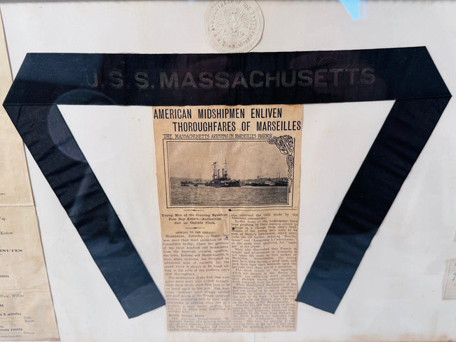 Framed archive documenting the USS Massachusetts BB-2 and its 1910 midshipmen training voyage