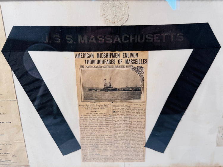 Framed archive documenting the USS Massachusetts BB-2 and its 1910 midshipmen training voyage