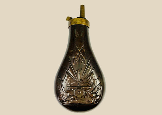 Mid-19th Century American Powder Flask, Embossed Stand of Arms, Civil War Era