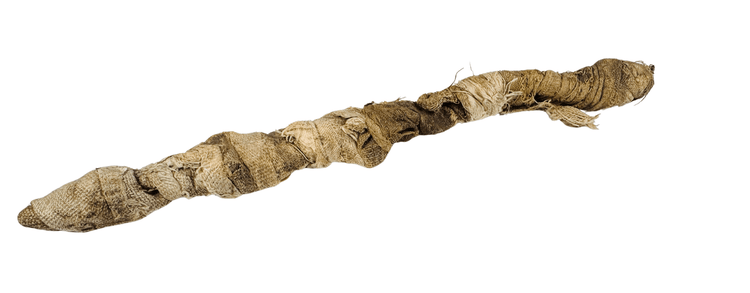 Close-up of the ancient Egyptian crocodile mummy showing darkened linen fibers, layered wrapping patterns, fraying, and surface wear consistent with age.