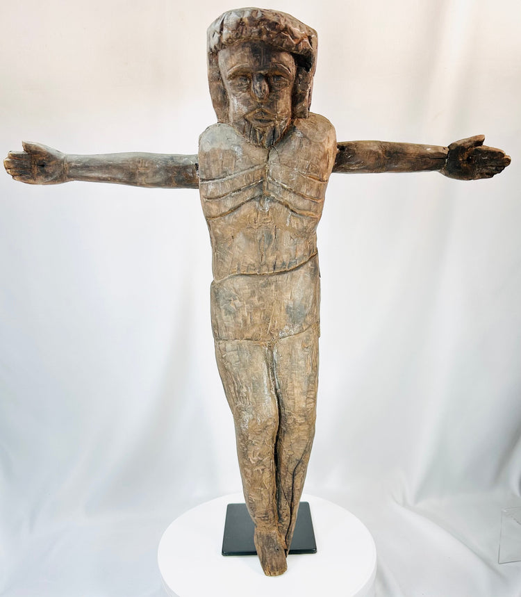 Antique wooden corpus sculpture with mounting holes and aged surface cracking