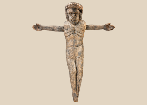 Spanish Colonial carved wooden corpus of Christ with expressive folk art features
