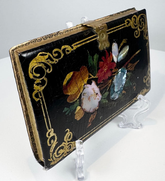 Victorian mother-of-pearl calling card case showing richly decorated lacquered surface and gilt detailing