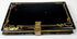 Reverse of Victorian black lacquer calling card case with gilt scrollwork border and brass clasp