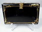 Victorian lacquered calling card case displaying mother-of-pearl floral ornament and decorative edge detailing