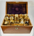 vintage mahogany pharmaceutical case with labeled medicine containers