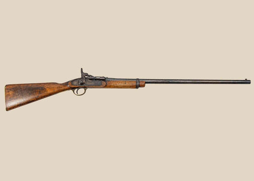 Antique British Snider-Enfield Pattern 1853 Mark II service rifle, dated 1864, breech-loading conversion, steel and brass fittings, walnut stock with Victorian-era military patina, non-firing collectible