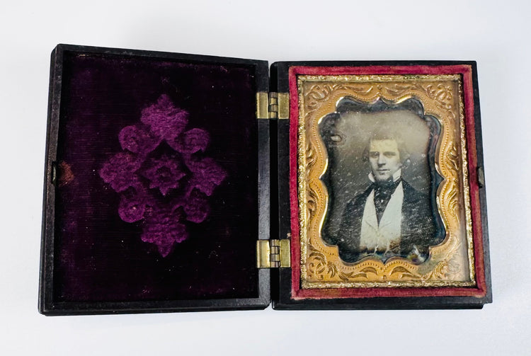 Authentic Victorian daguerreotype in original thermoplastic case with fruit basket motif