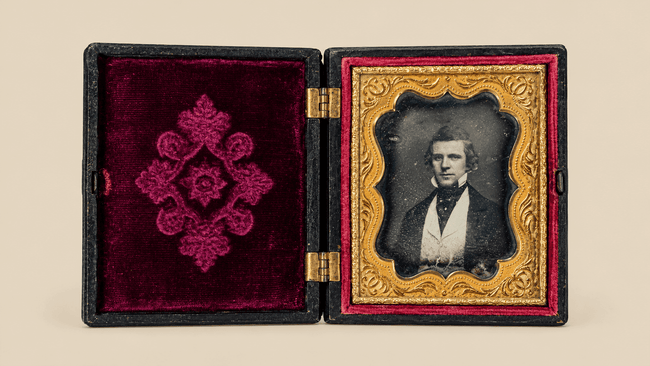 Open Victorian thermoplastic Union case with gilt brass mat and red velvet lining displaying a silvered copper daguerreotype portrait of a gentleman