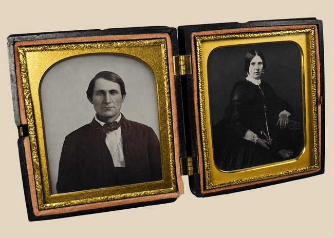 Victorian husband and wife daguerreotype photographs in original Union case, circa 1855–1865