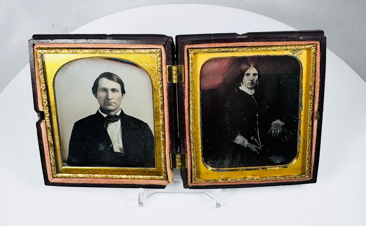 Antique Victorian daguerreotype double portrait housed in decorative thermoplastic Union case