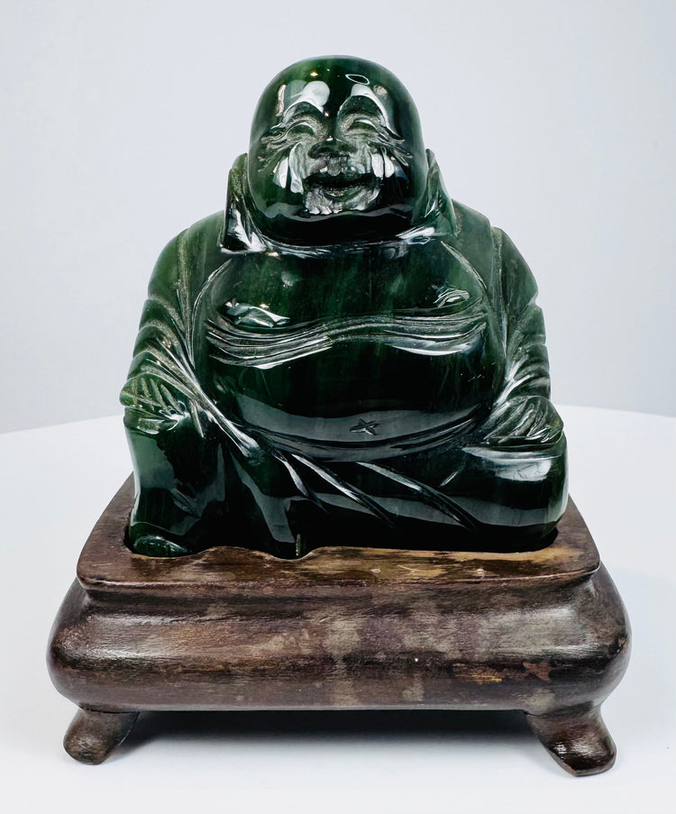 Front view of Chinese hardstone Laughing Buddha sculpture with polished dark green surface