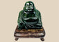Chinese carved dark green hardstone Budai Laughing Buddha figure on fitted hardwood stand