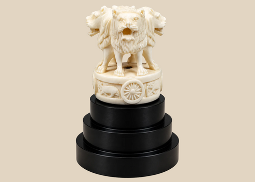 Indian Lion Capital of Ashoka miniature carving on an ebonized wood base