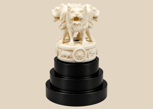 Indian Lion Capital of Ashoka miniature carving on an ebonized wood base