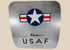 Full front view of a Boeing 737 USAF aft cargo door with Star and Bars insignia and polished aluminum skin