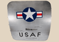 Full front view of a Boeing 737 USAF aft cargo door with Star and Bars insignia and polished aluminum skin