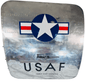 Polished aluminum USAF Boeing 737 cargo door with military insignia, original handle and service-related patina