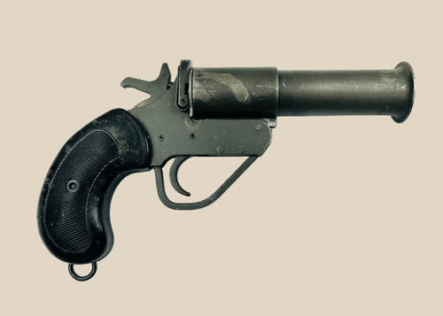 World War II Webley Model No. 1 MK. V flare gun, stamped steel construction, 1-inch bore with flared bell muzzle, original checkered black plastic/bakelite grips, lanyard ring, serial #148583, issued to British, Canadian, and Allied forces, circa 1939–1945