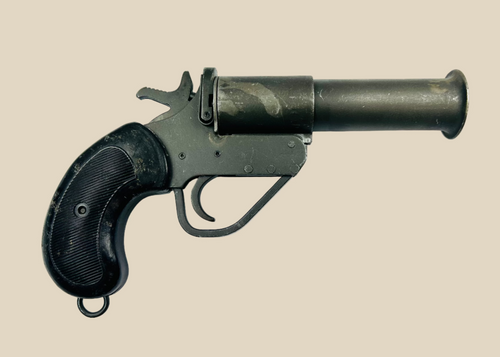 World War II Webley Model No. 1 MK. V flare gun, stamped steel construction, 1-inch bore with flared bell muzzle, original checkered black plastic/bakelite grips, lanyard ring, serial #148583, issued to British, Canadian, and Allied forces, circa 1939–1945