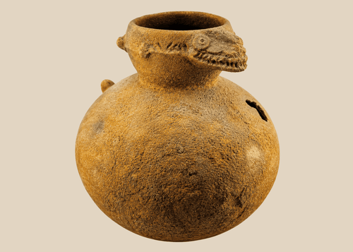 West African terracotta ritual vessel with sculpted crocodile effigy from Mali