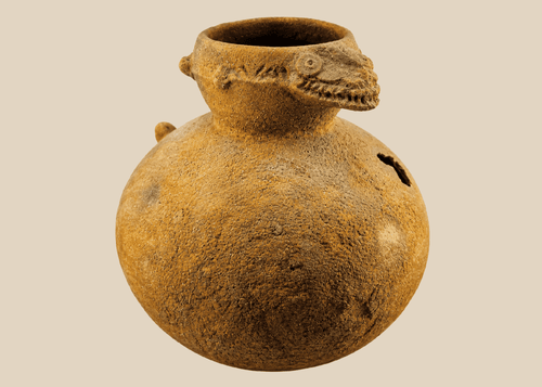 West African terracotta ritual vessel with sculpted crocodile effigy from Mali