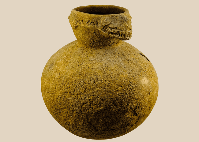 West African terracotta ritual vessel with sculpted crocodile effigy from Mali