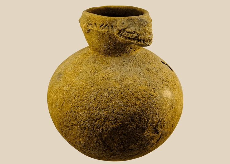 West African terracotta ritual vessel with sculpted crocodile effigy from Mali