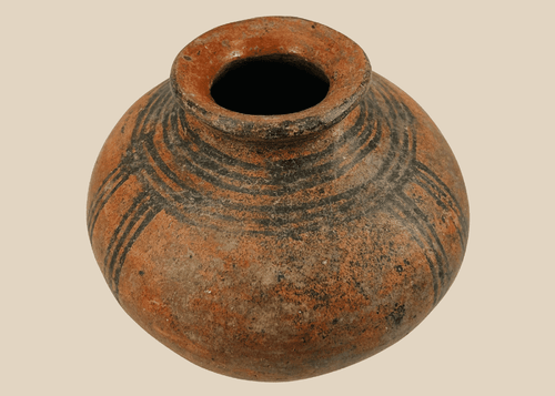 West African terracotta pottery vessel with black painted geometric decoration