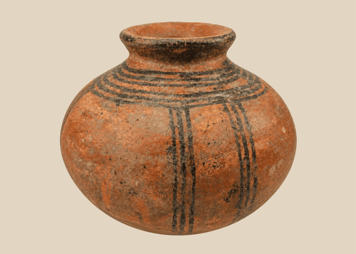 West African terracotta pottery vessel with black painted geometric decoration