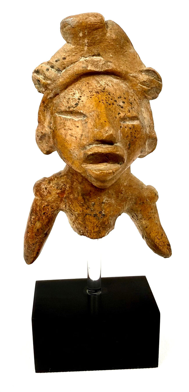 West Mexican shaft tomb terracotta human effigy with headdress on display stand