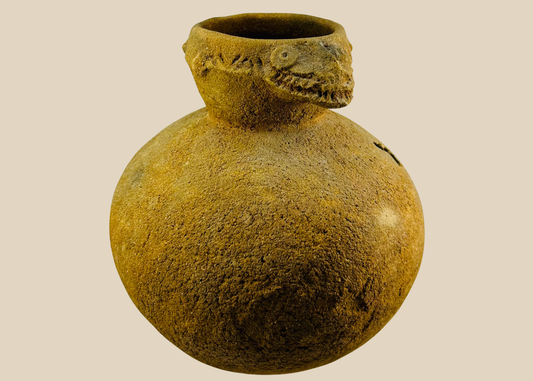 West African terracotta ritual vessel with sculpted crocodile effigy from Mali