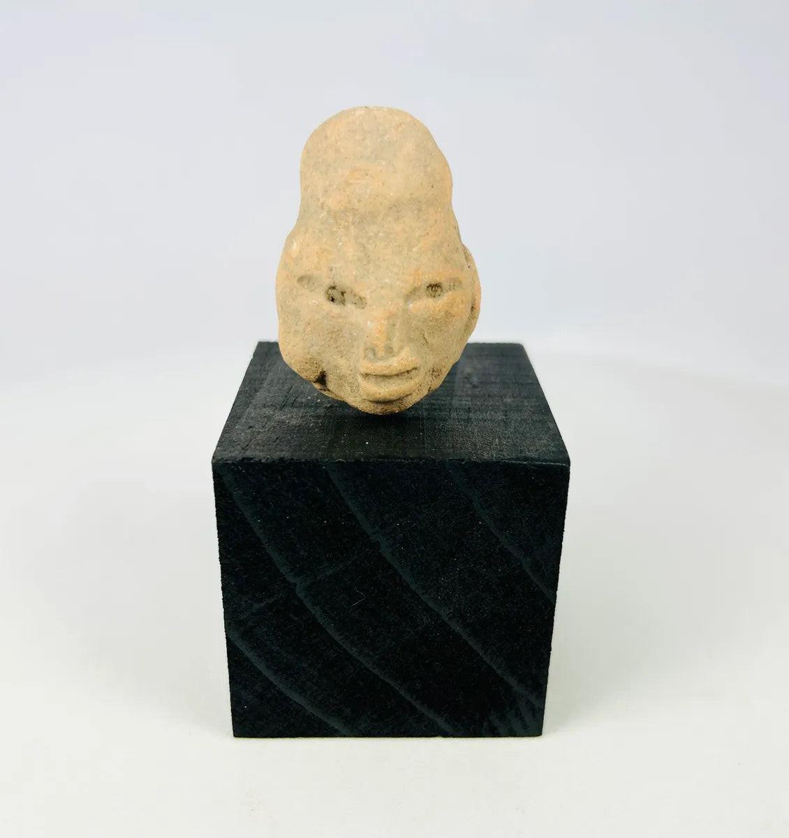 Small Pre-Columbian terracotta head fragment from West Mexico shaft-tomb culture, circa 300 BCE–300 CE, with almond-shaped eyes, defined features, and elongated cranial form, mounted on a black display base, photographed on a white background.