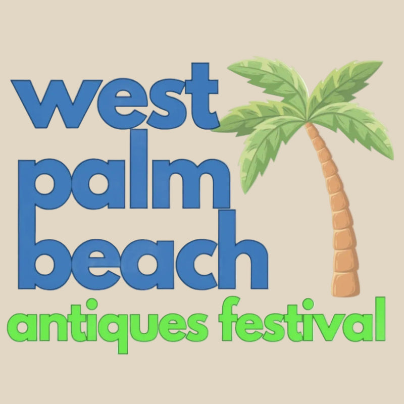 Logo for the West Palm Beach Antiques Festival featuring blue and green text with a palm tree graphic on a beige background.