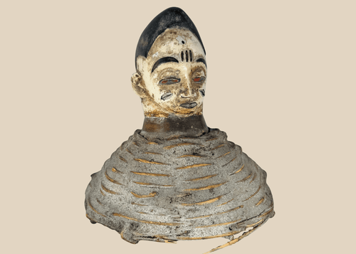 Yoruba Egungun headdress from Nigeria featuring a carved ancestral face with wicker framework and original painted surface.