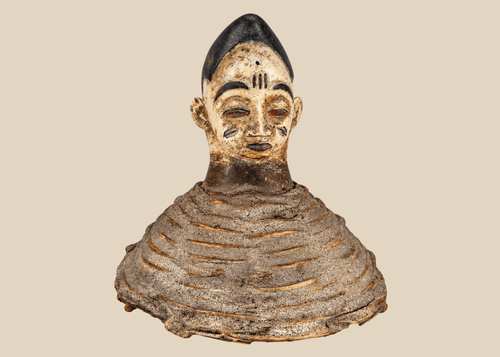 Yoruba Egungun headdress from Nigeria featuring a carved ancestral face with wicker framework and original painted surface.