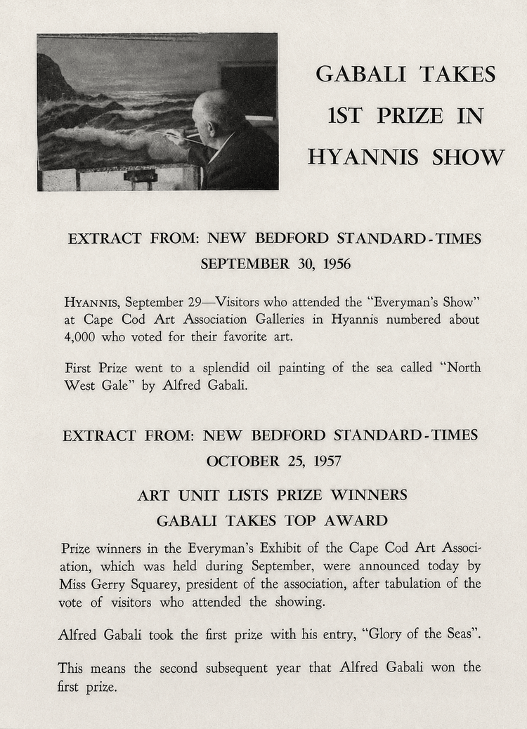 Alfred Gabali painting provenance with 1956 and 1957 newspaper clippings documenting his first-prize Cape Cod Art Association awards.