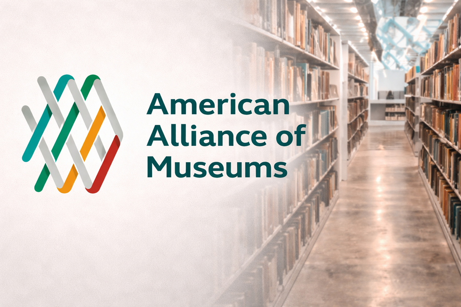 American Alliance of Museums logo beside a library interior with bookshelves, representing museum research, education, and cultural preservation.