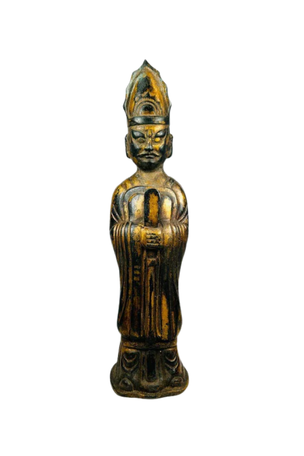 Ancient Chinese bronze standing figure with tall ceremonial headdress and folded hands, aged patina, photographed on neutral background for Relic & Rarity