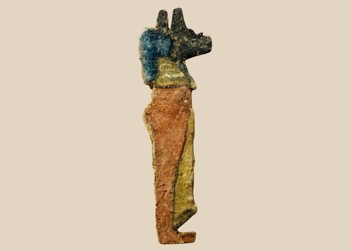 Ancient Egyptian Anubis cartonnage fragment with polychrome pigments and linen backing