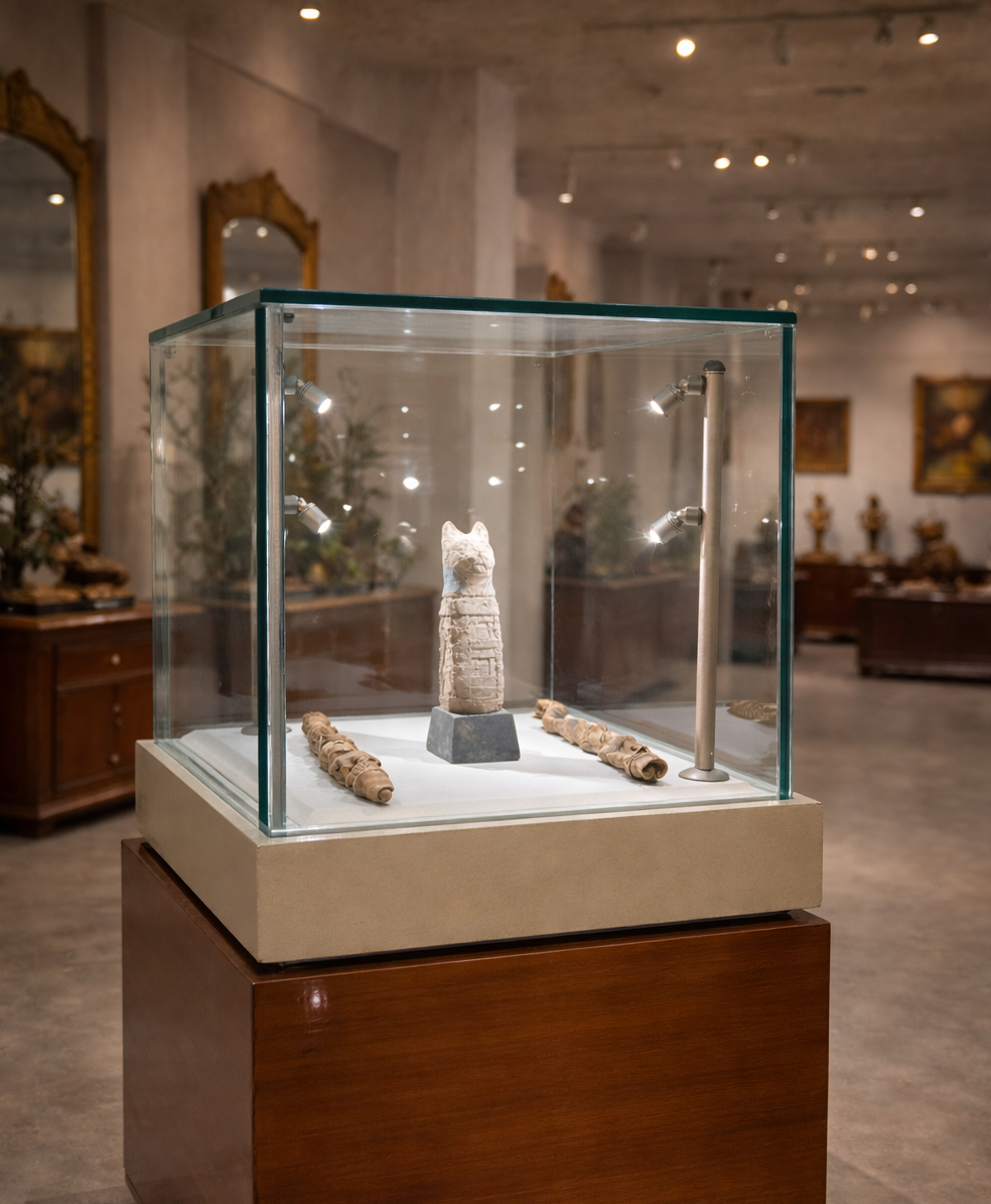 Ancient Egyptian Bastet cat statue displayed in a modern glass museum case with scroll artifacts under gallery lighting.