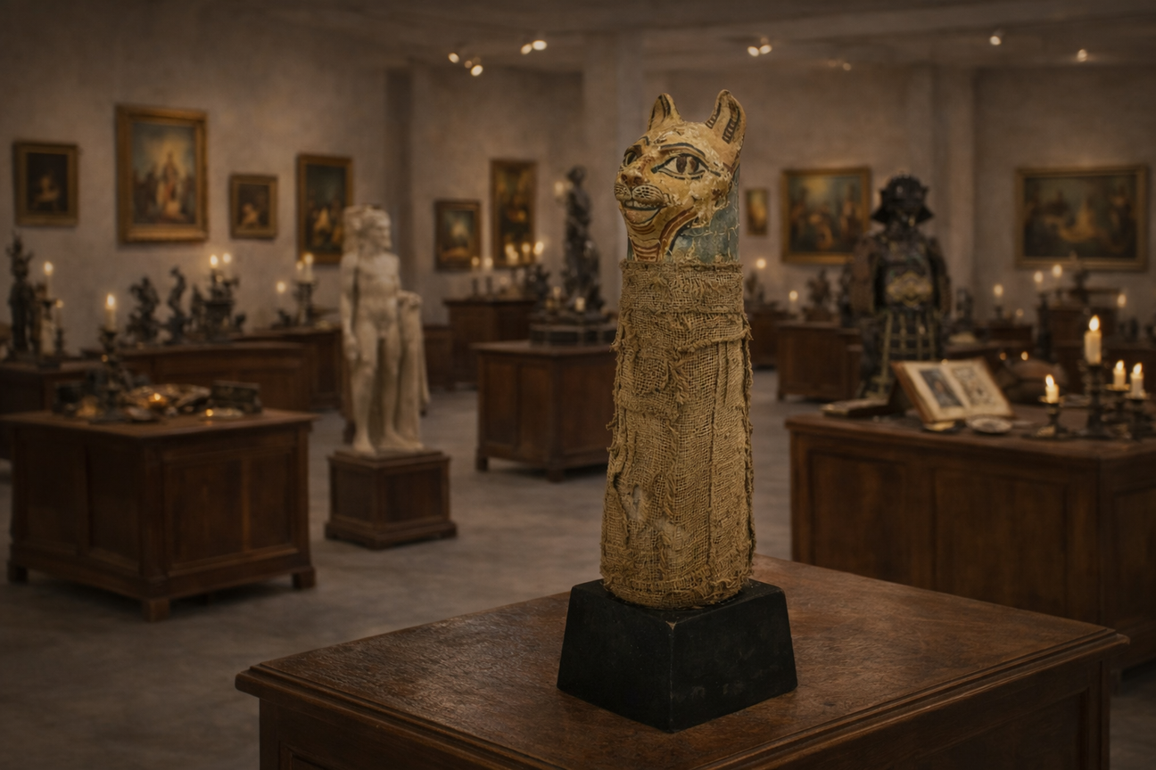 Ancient Egyptian Bastet votive cat mummy with linen wrappings and painted cat head displayed in antiquities gallery setting