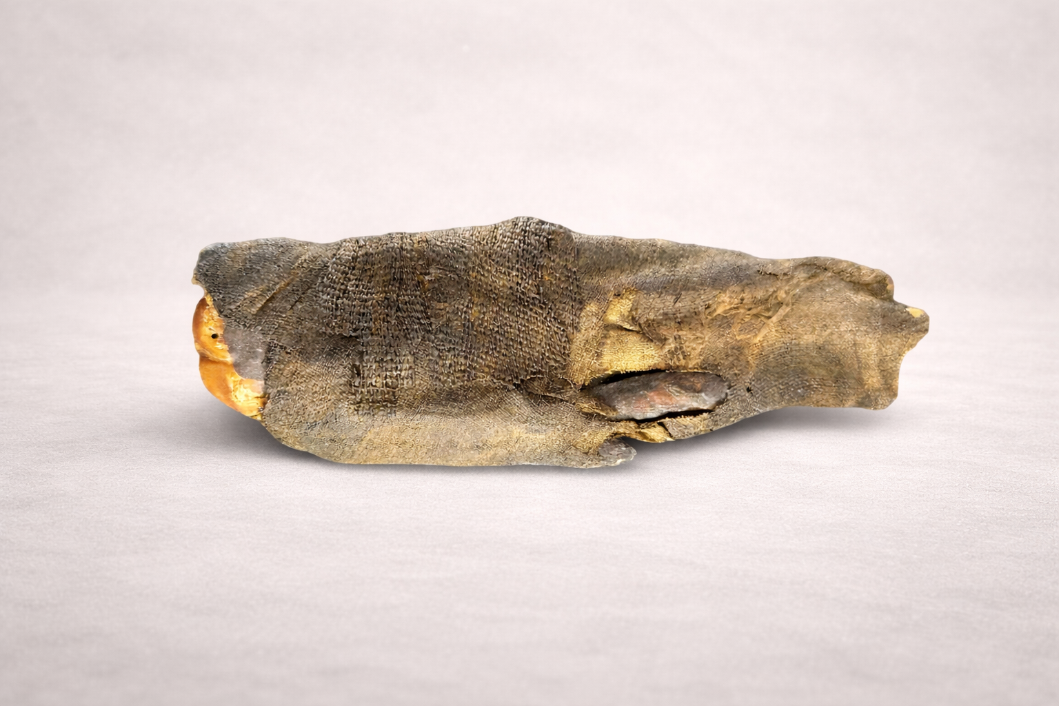 Ancient Egyptian mummified hand with linen wrappings, funerary relic displayed on neutral background